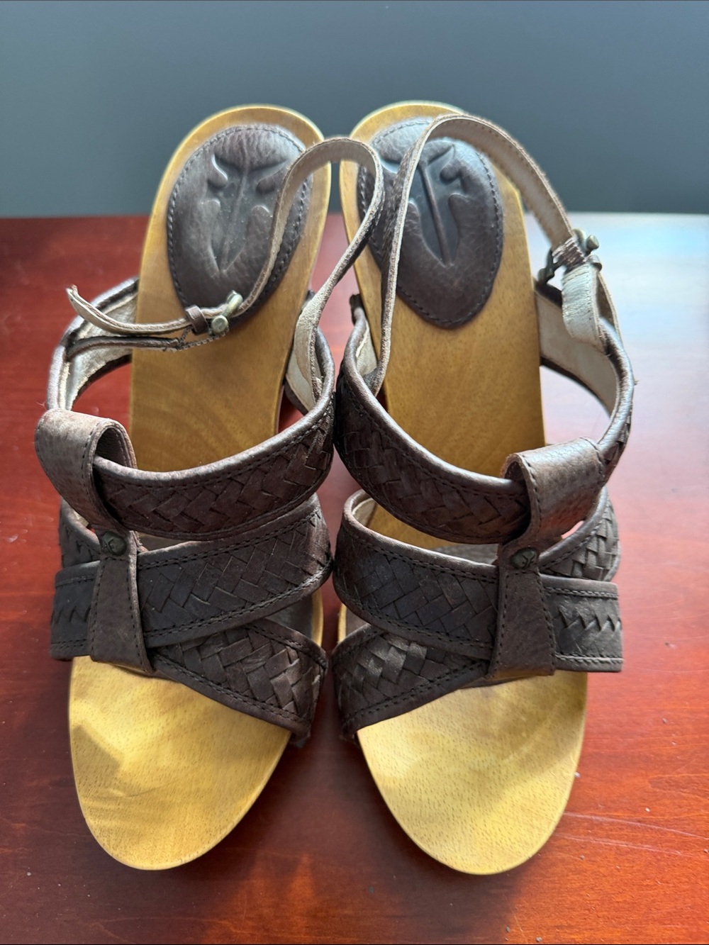 Frye Dark Brown Woven Leather Wedge Sandals